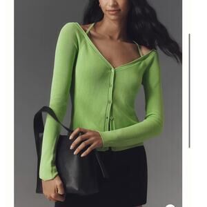 Good American Long-Sleeve Off-The-Shoulder Stretch Rib Knit Top Lime Green XS